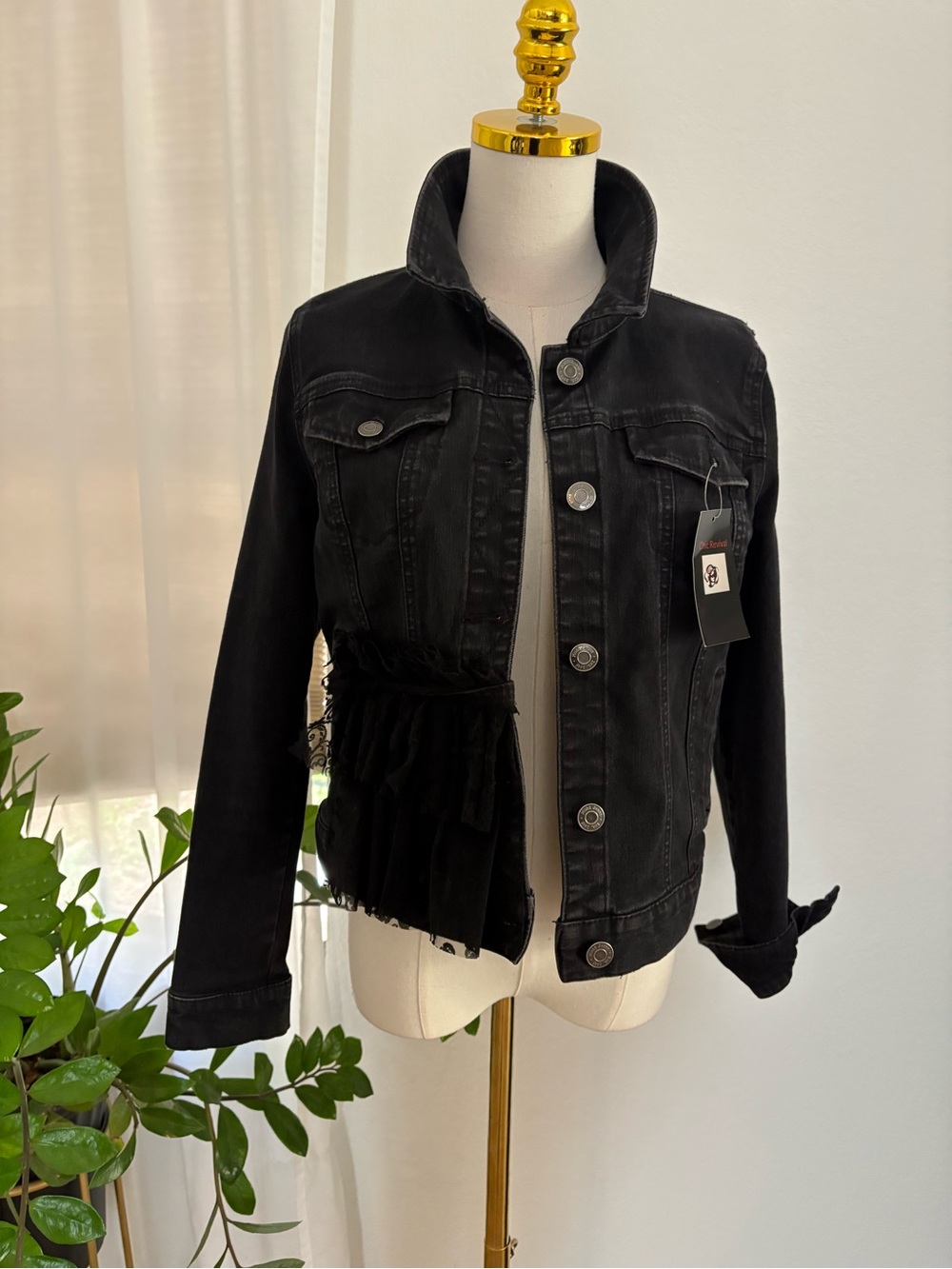 Black Women's Denim Jacket with Ruffle Detail